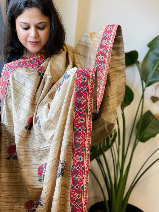 Geecha Silk Dupatta with Thread Embroidery & Patola Border