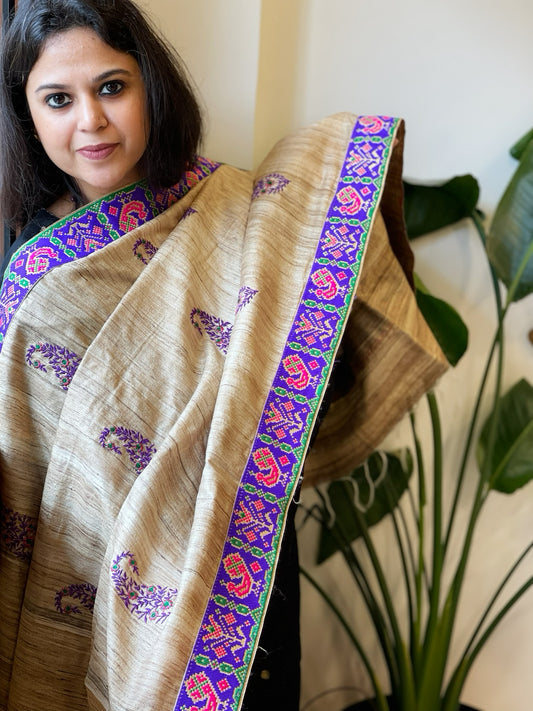 Geecha Silk Dupatta with Thread Embroidery & Patola Border