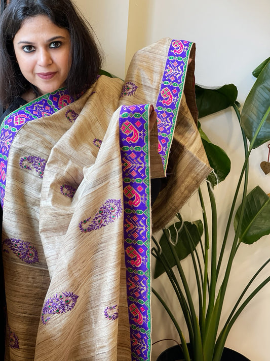 Geecha Silk Dupatta with Thread Embroidery & Patola Border
