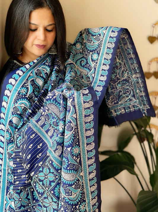 Blue Handmade Nakshi Kantha Dupatta in Pure Silk