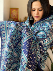 Blue Handmade Nakshi Kantha Dupatta in Pure Silk