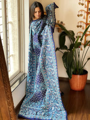 Blue Handmade Nakshi Kantha Dupatta in Pure Silk