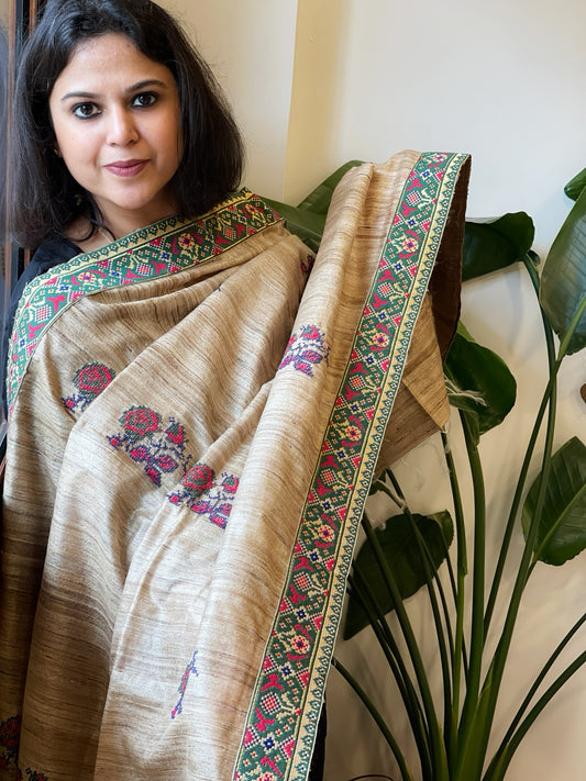 Geecha Silk Dupatta with Thread Embroidery & Patola Border
