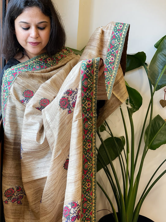Geecha Silk Dupatta with Thread Embroidery & Patola Border