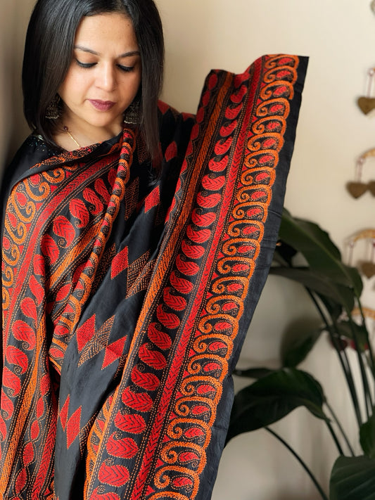 Black Handmade Nakshi Kantha Dupatta in Pure Silk