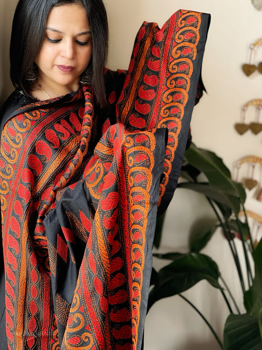 Black Handmade Nakshi Kantha Dupatta in Pure Silk