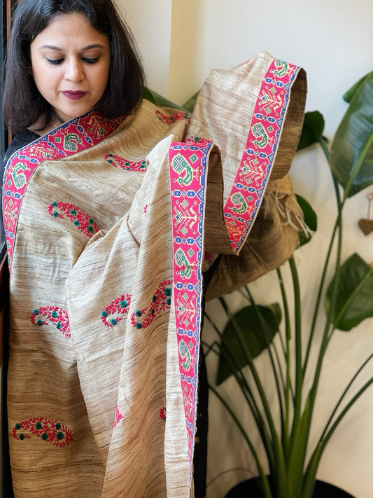 Geecha Silk Dupatta with Thread Embroidery & Patola Border