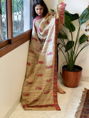 Geecha Silk Dupatta with Thread Embroidery & Patola Border