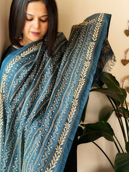 Teal Handmade Kantha Dupatta in Silk