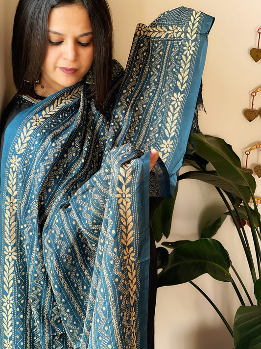 Teal Handmade Kantha Dupatta in Silk