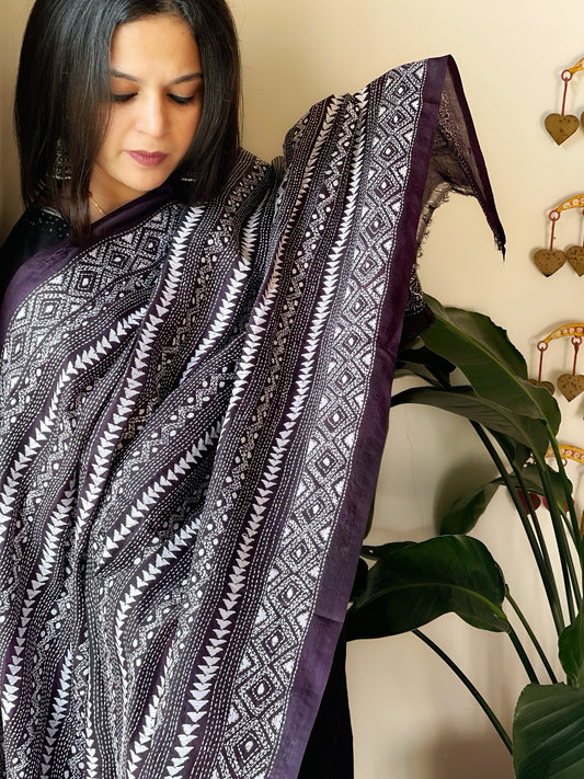 Purple Handmade Kantha Dupatta in Silk