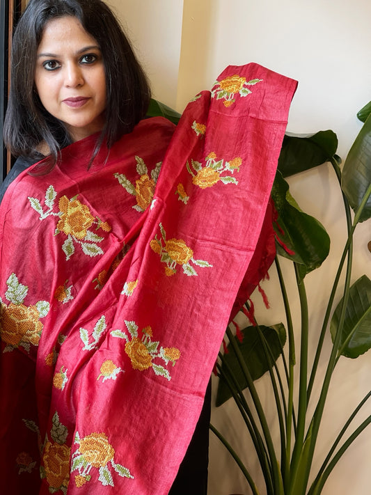 Tussar Silk Dupatta with thread embroidery