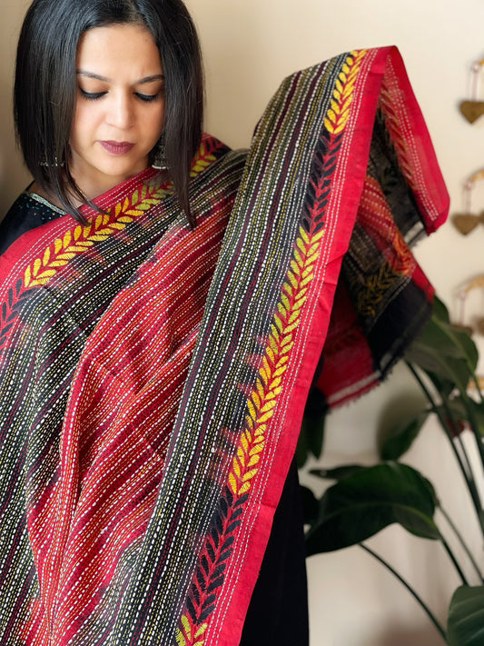 Black and Red Handmade Kantha Dupatta in Silk