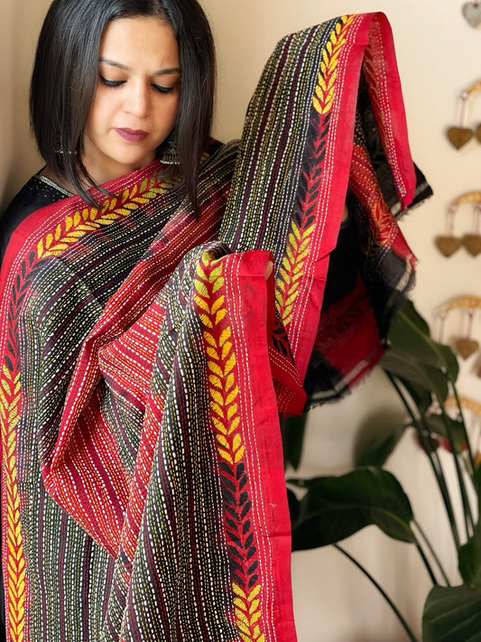 Black and Red Handmade Kantha Dupatta in Silk