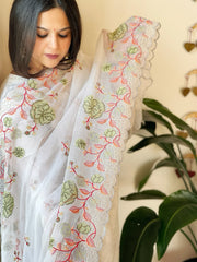 White Kota Cotton Dupatta with Cross-Stitch Embroidered Border