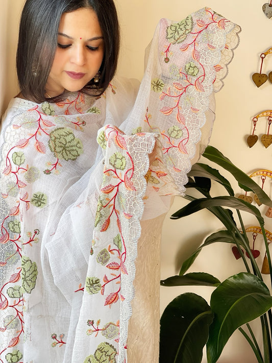 White Kota Cotton Dupatta with Cross-Stitch Embroidered Border