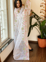 White Kota Cotton Dupatta with Cross-Stitch Embroidered Border