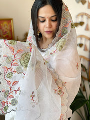 White Kota Cotton Dupatta with Cross-Stitch Embroidered Border