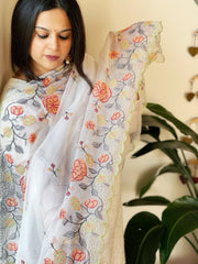 White Kota Cotton Dupatta with Cross-Stitch Embroidered Border