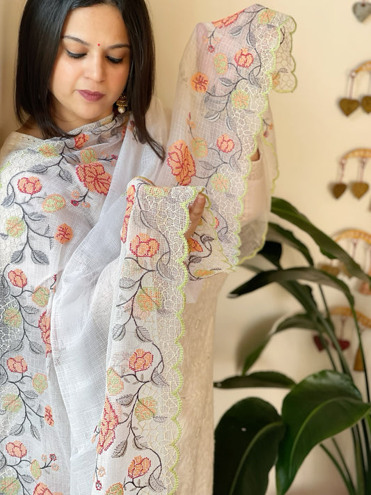 White Kota Cotton Dupatta with Cross-Stitch Embroidered Border