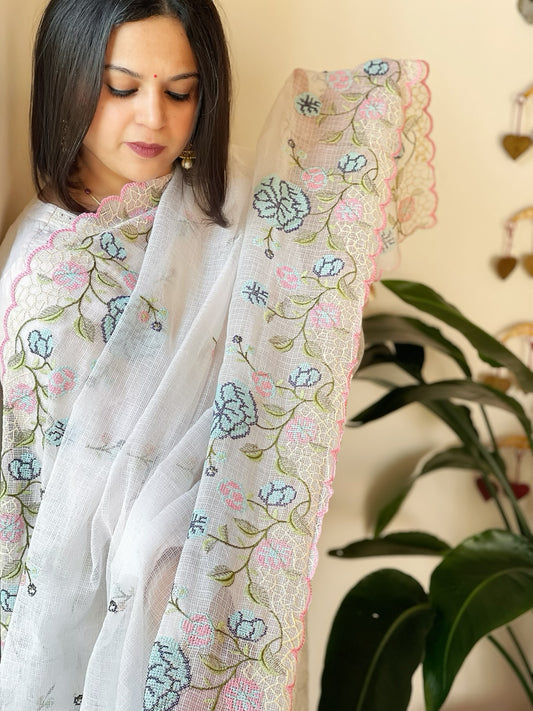 White Kota Cotton Dupatta with Cross-Stitch Embroidered Border