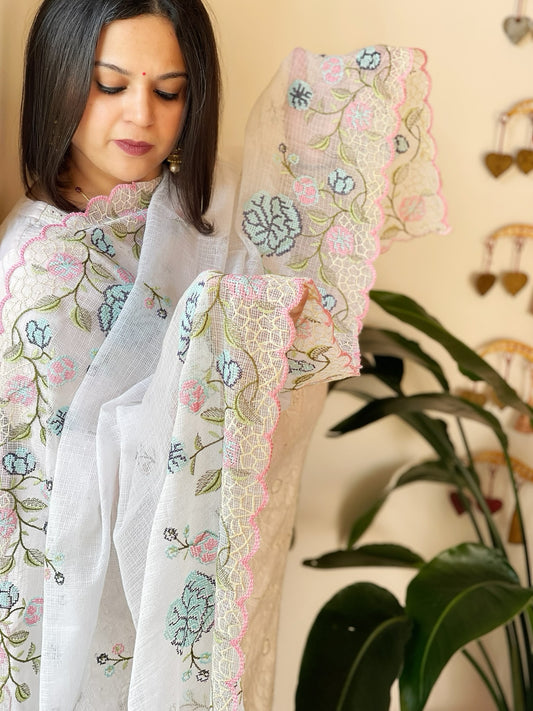 White Kota Cotton Dupatta with Cross-Stitch Embroidered Border