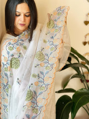 White Kota Cotton Dupatta with Cross-Stitch Embroidered Border