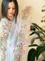 White Kota Cotton Dupatta with Cross-Stitch Embroidered Border