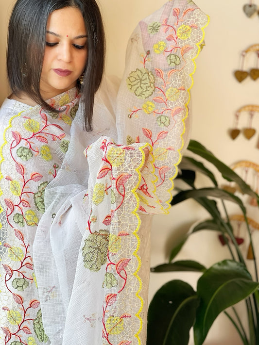 White Kota Cotton Dupatta with Cross-Stitch Embroidered Border