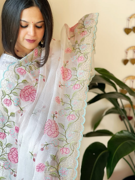 White Kota Cotton Dupatta with Cross-Stitch Embroidered Border