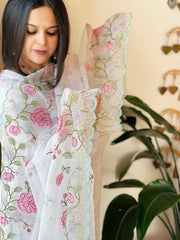 White Kota Cotton Dupatta with Cross-Stitch Embroidered Border