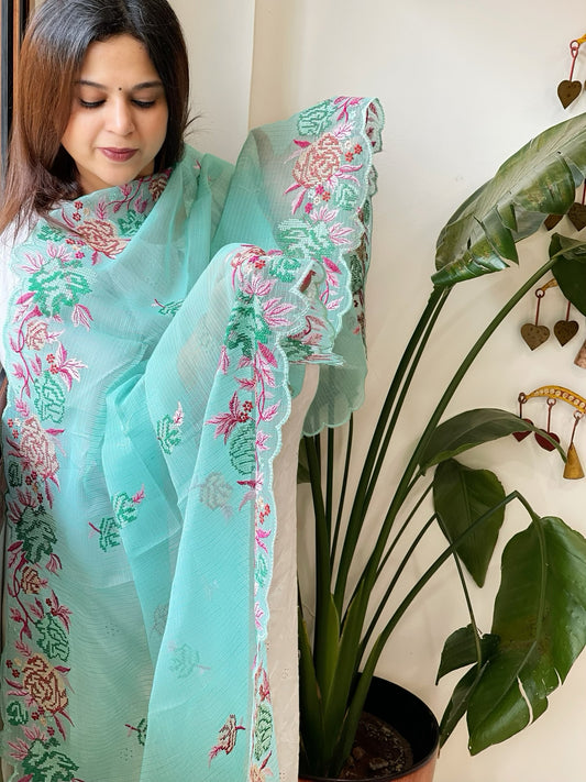 Aqua Kota Cotton Dupatta with Cross-Stitch Embroidered Border