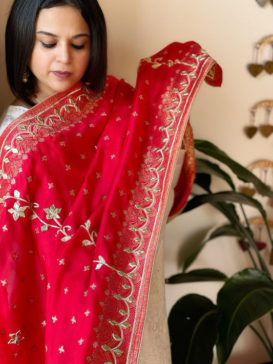 Coral Red Banarasi with Gotapatti Work Dupatta on Silk