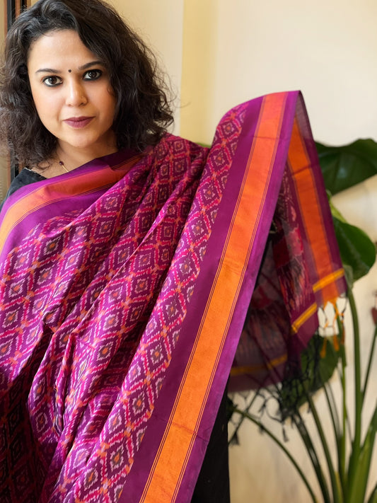 Purple Handwoven Ikat Dupatta Pure Silk-Cotton