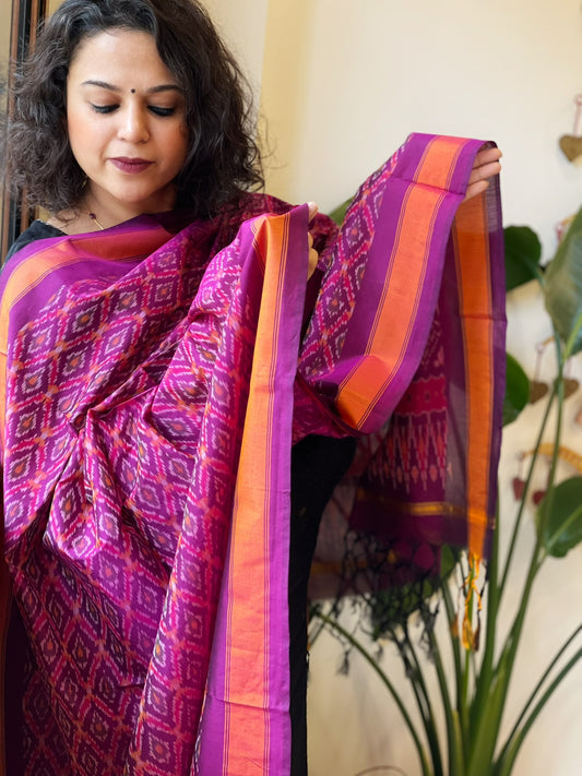 Purple Handwoven Ikat Dupatta Pure Silk-Cotton