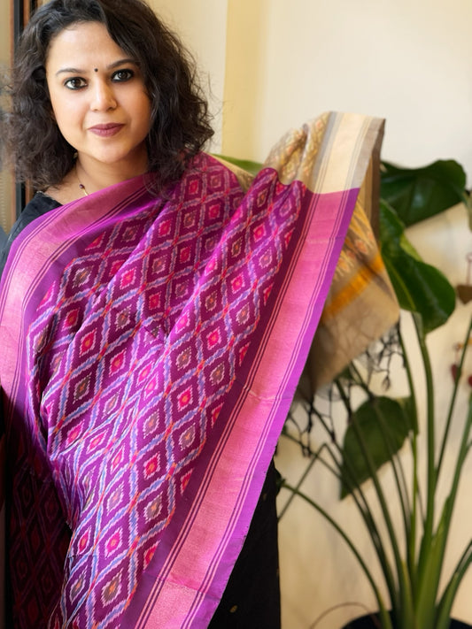 Purple, Grey Handwoven Ikat Dupatta Pure Silk-Cotton