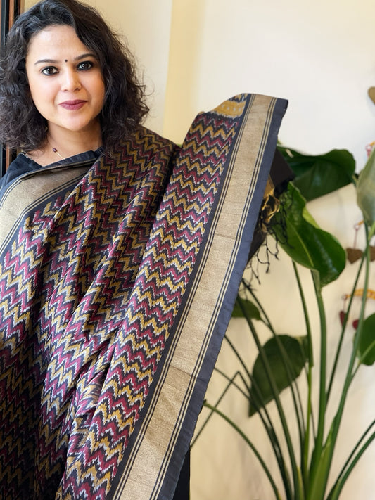 Black Handwoven Ikat Dupatta Pure Silk-Cotton