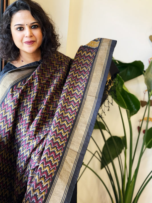Black Handwoven Ikat Dupatta Pure Silk-Cotton