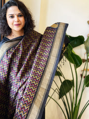 Black Handwoven Ikat Dupatta Pure Silk-Cotton