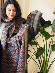Black Handwoven Ikat Dupatta Pure Silk-Cotton