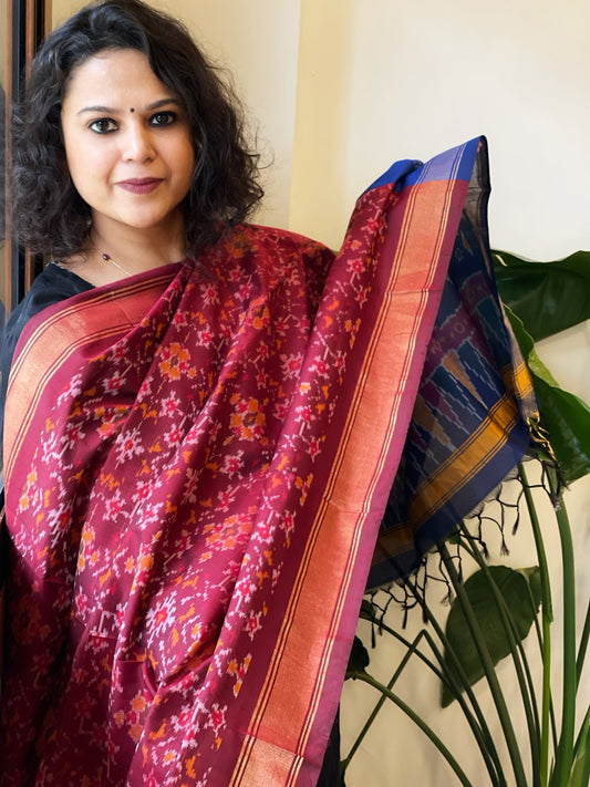 Maroon, Blue Handwoven Ikat Dupatta Pure Silk-Cotton