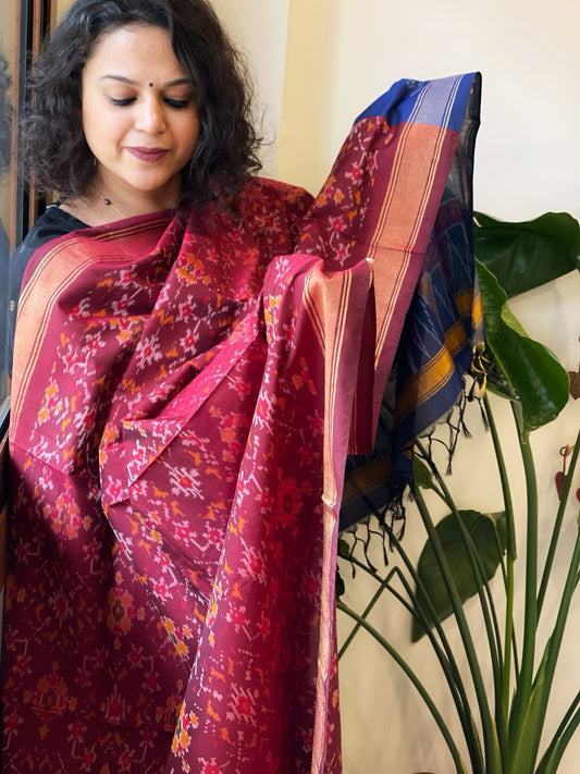 Maroon, Blue Handwoven Ikat Dupatta Pure Silk-Cotton