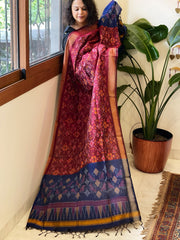 Maroon, Blue Handwoven Ikat Dupatta Pure Silk-Cotton