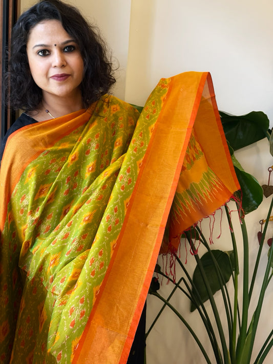 Parrot Green Handwoven Ikat Dupatta Pure Silk-Cotton