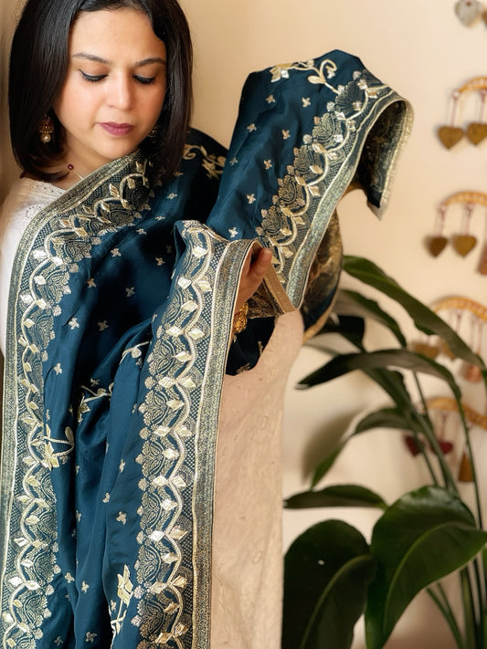 Teal Blue Banarasi with Gotapatti Work Dupatta on Silk