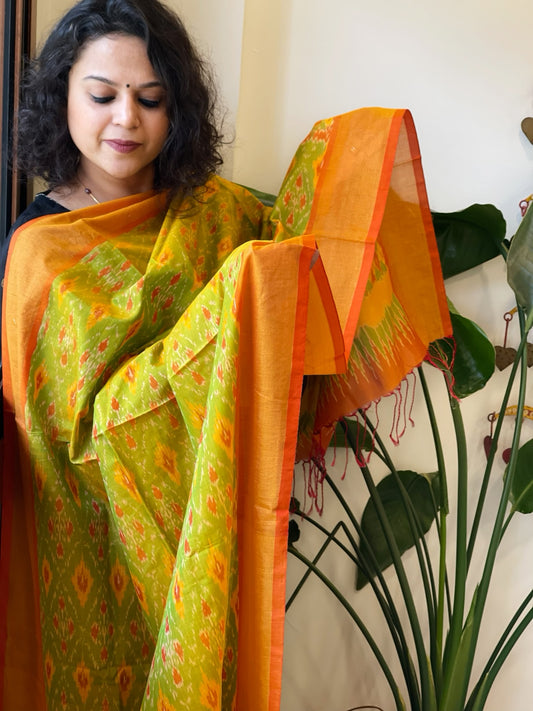 Parrot Green Handwoven Ikat Dupatta Pure Silk-Cotton