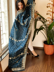 Teal Blue Banarasi with Gotapatti Work Dupatta on Silk