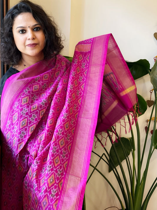 Pink Handwoven Ikat Dupatta Pure Silk-Cotton