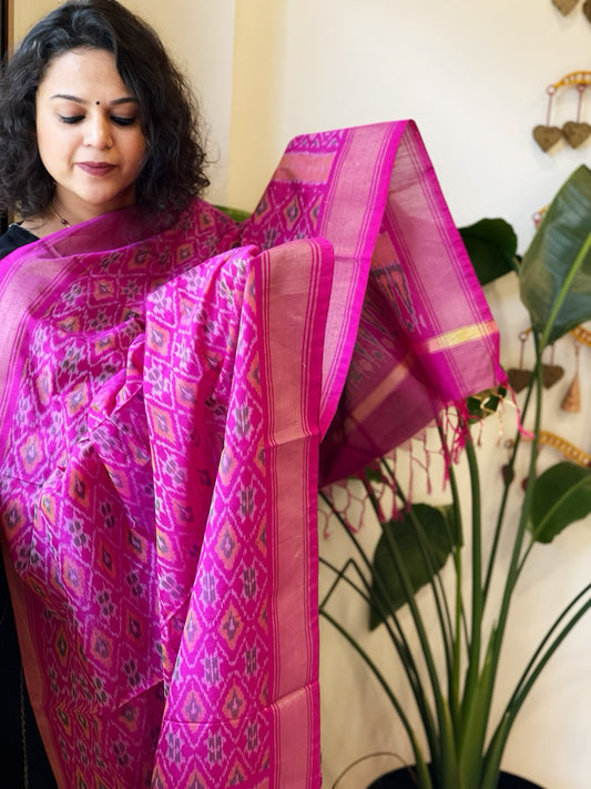 Pink Handwoven Ikat Dupatta Pure Silk-Cotton