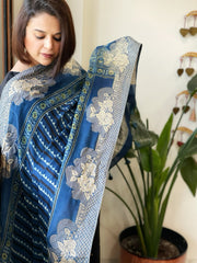Blue Ajrakh Handblock Printed Organza Crepe Dupatta with Banarasi Border